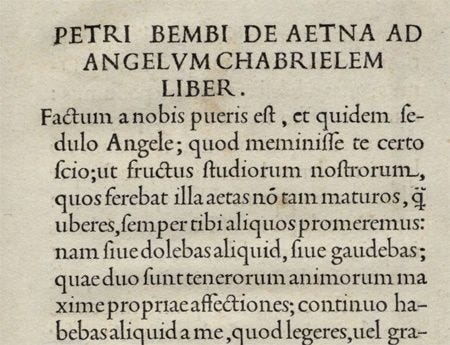 初版的 De Aetna ad Angelum Chabrielem liber,字體由 Francesco Griffo 設計。