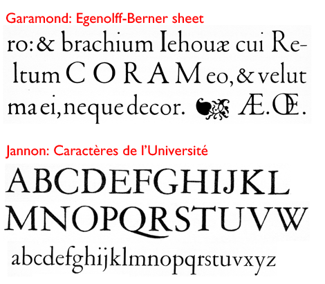 上面是 **Garamond**,下面是 **Jannon**。兩者或多或少都基於初版做出小修改。/圖片來源:creativepro